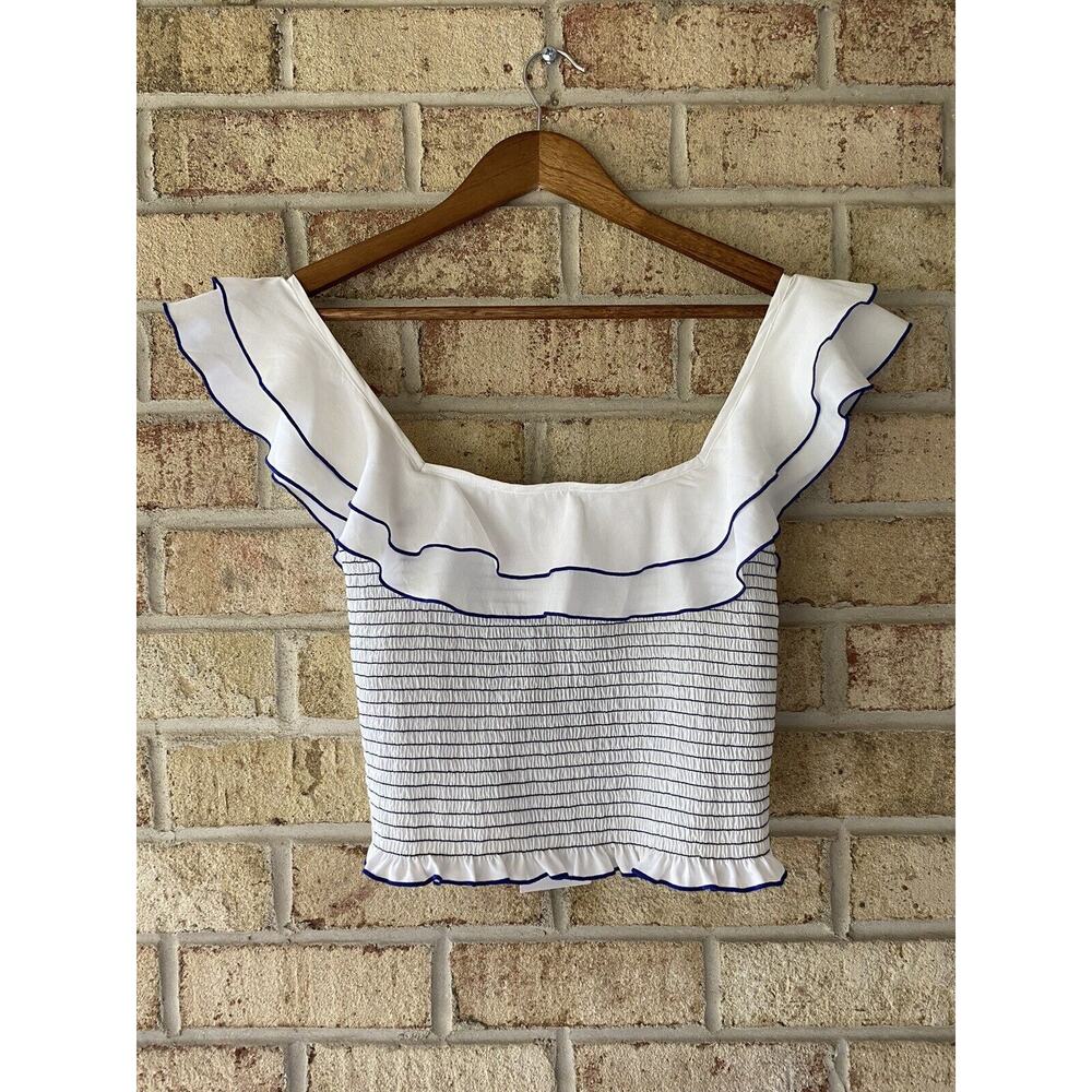 NWT Likely Athena Smocked Ruffle Top Blue White S Bloomingdale’s Revolve Cropped